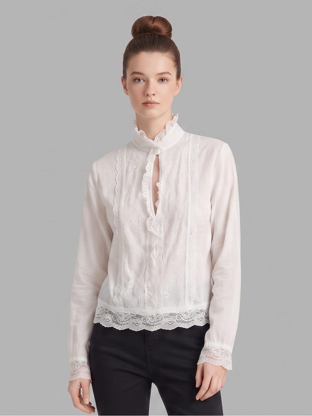 Vintage Rhapsody Made in Usa White Lace-Trim Victorian Blouse. Regencycore